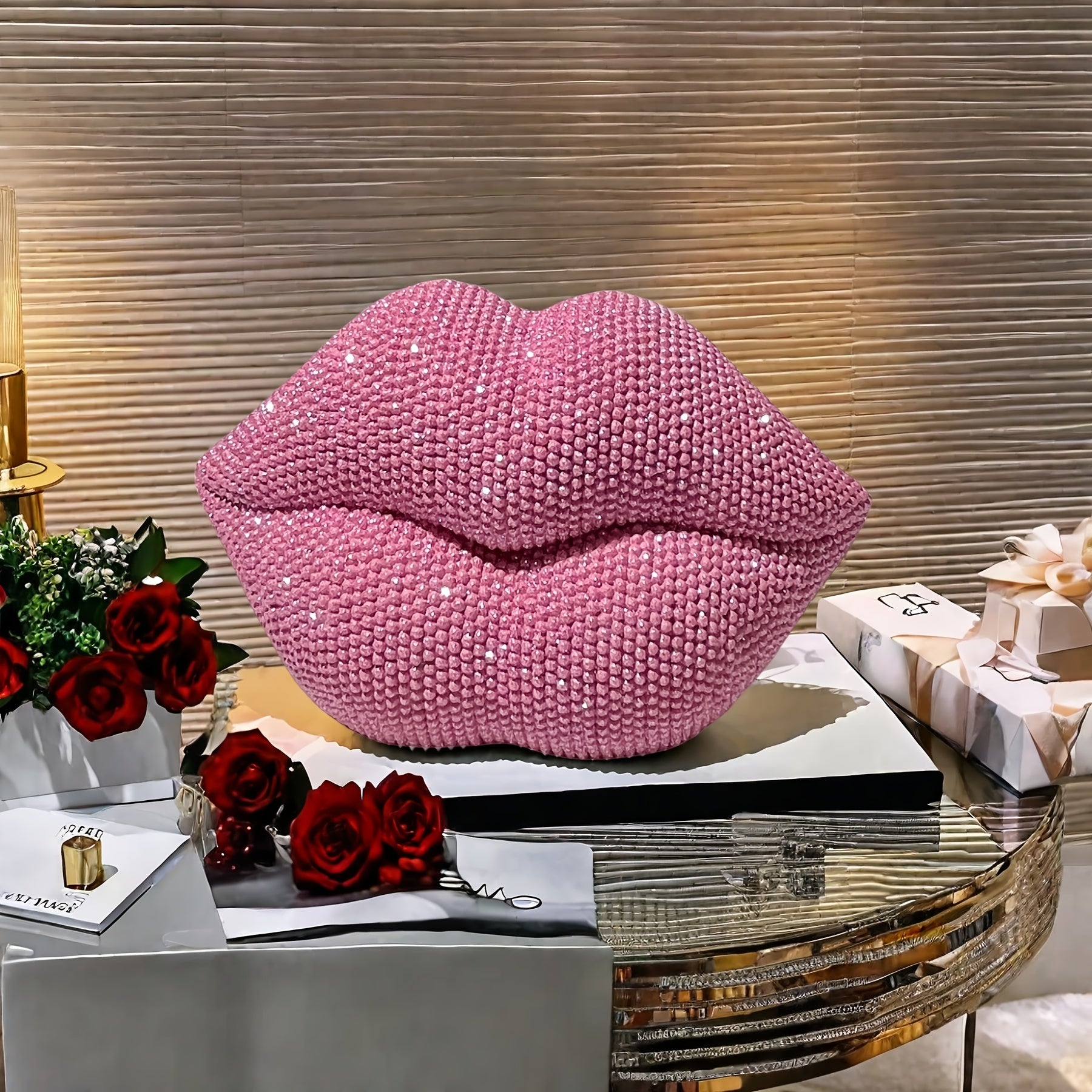 1pc Pink Beaded Lips Statue Decor – Resin Love-Themed Art for Home, Office, Bedroom, Bar, Hotel, Bathroom – Perfect for Weddings, Valentine’s Day, and Romantic Gifts, Indoor Decoration | Beaded Texture | Sleek Finish, P